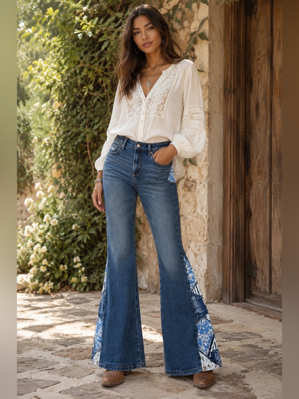 Driftwood Farrah Flare Jeans Patchwork Boho Western Rodeo Denim 27 x 34